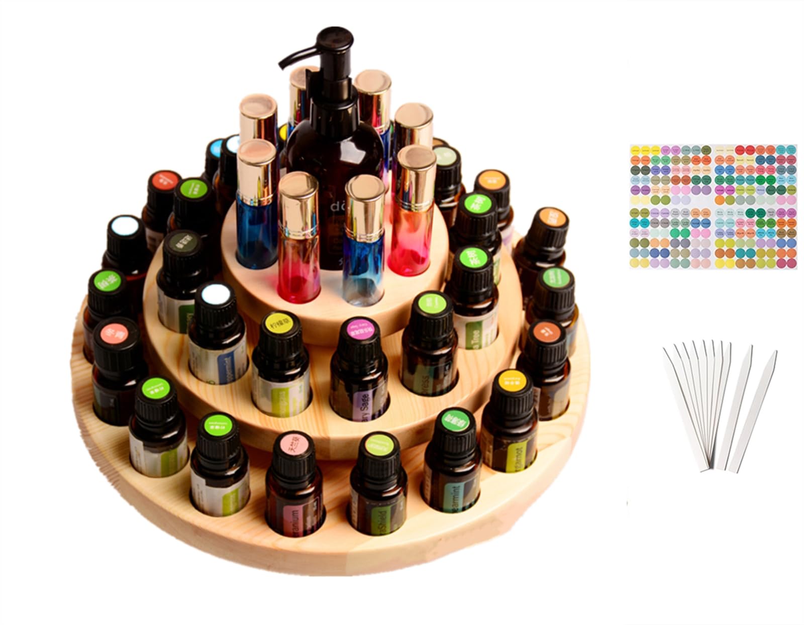 RoseFlower 3 Tier Rotating Wooden Essential Oil Storage Box Travel Presentation Display Rack Stand Holder, Holds 39 Slots - Aromatherapy Carrier Nail Polish Organizer Fragrance Container - Space Saver