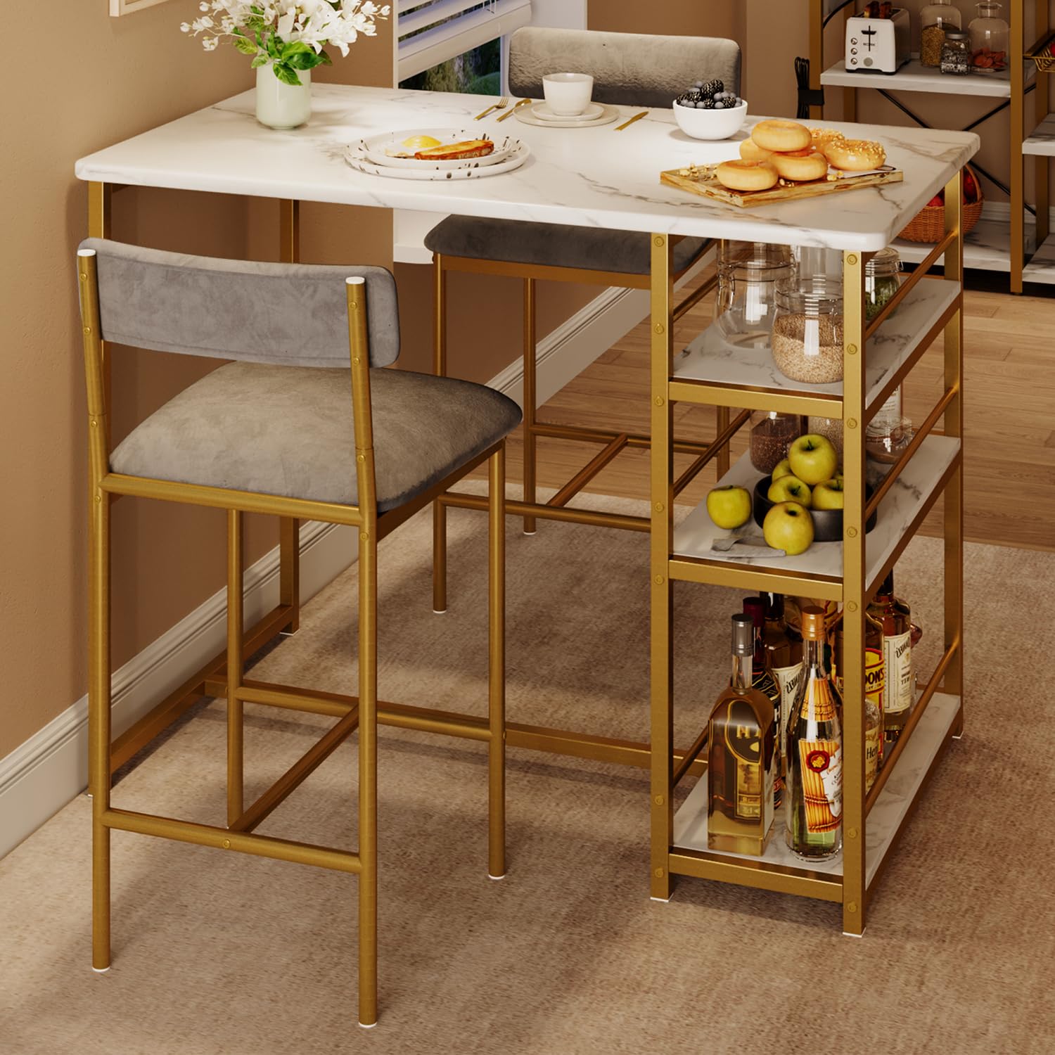 Photo 1 of IDEALHOUSE Dining Table Set for 2, Counter Height Kitchen Table and Chairs, Bar Table Set with 2 Velvet Bar Stools, 3 Piece Dining Room Table Set for Small Space, Apartment, Gray Gold White