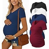 Ekouaer 4 Pack Maternity Shirts V Neck Maternity Top Short Sleeve Casual Tee Side Ruched Pregnancy Clothes