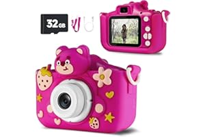 RAYBITU Kids Camera Toys,Kid Digital Camera for 6-12 Year Old Girls Boys,Selfie Kid Camera with Cartoon Soft Silicone Cover,HD Digital Video Camera for Kids - 32G SD Card Included (Pink)