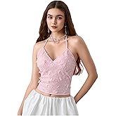 MakeMeChic Women's Y2k Sequin Halter Crop Top Sparkly 3D Butterfly Tops Fairy Glitter Tank Tops