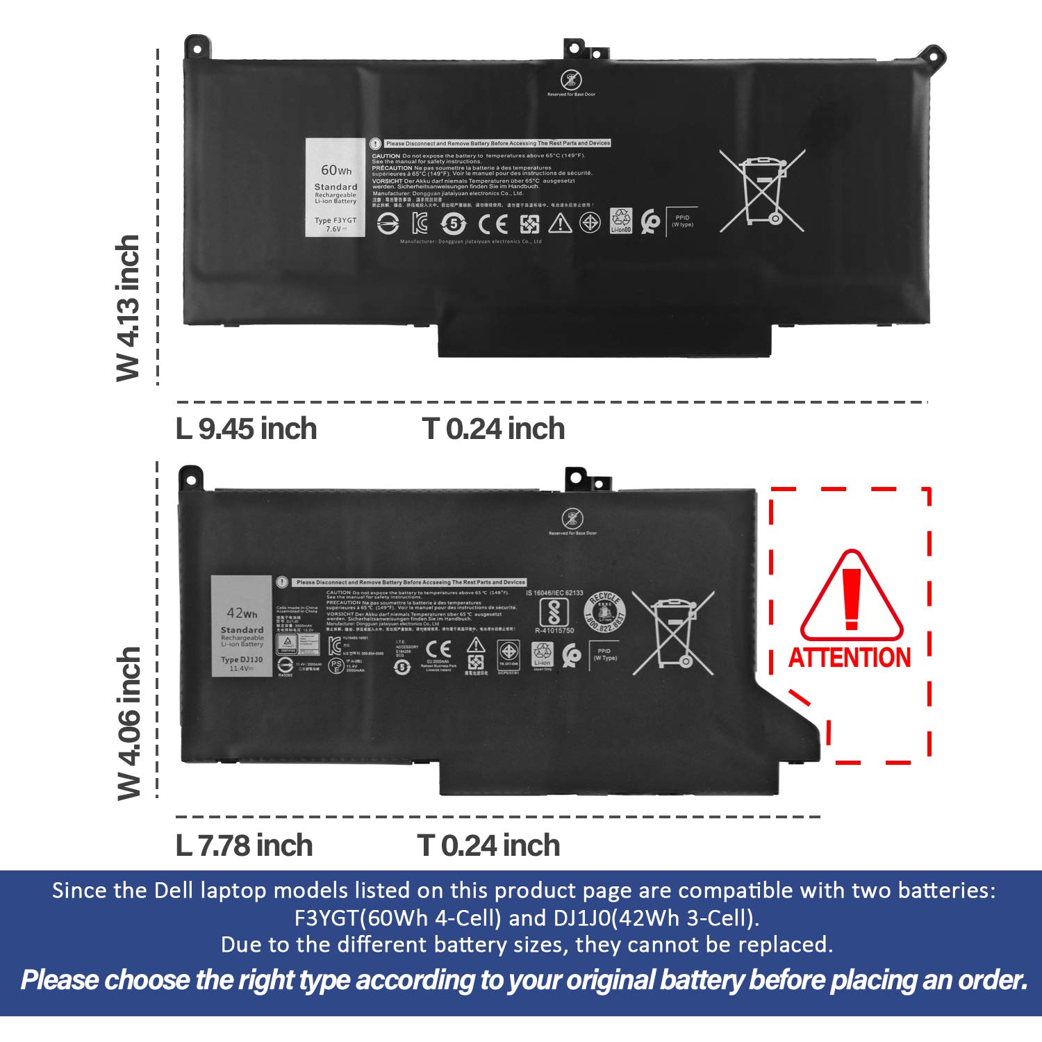 Batteria Per Dell Latitude 7280 7380 7480 - Sostituta 60Wh 7.6V, Modello F3YGT, 4 Celle - Foto 12