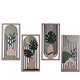 SHENGTIAN Boho Abstract Wall Art Set of 4, Modern Minimalist Wooden Wall Decor, Green Wall Art Geometric Aesthetic Botanical 