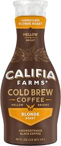 Califia Farms - Pure Black Blonde Roast Cold Brew Coffee, 48 Oz, 100% Arabica, Plant Based, Vegan, Gluten Free, Non GMO, Suga