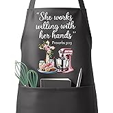 QSLEUNG Christian Apron for Women, Cooking Kitchen BBQ Chef Aprons Gifts for Birthday Christmas, Adjustable Neck Strap with 2 Pockets, Proverbs 31:13