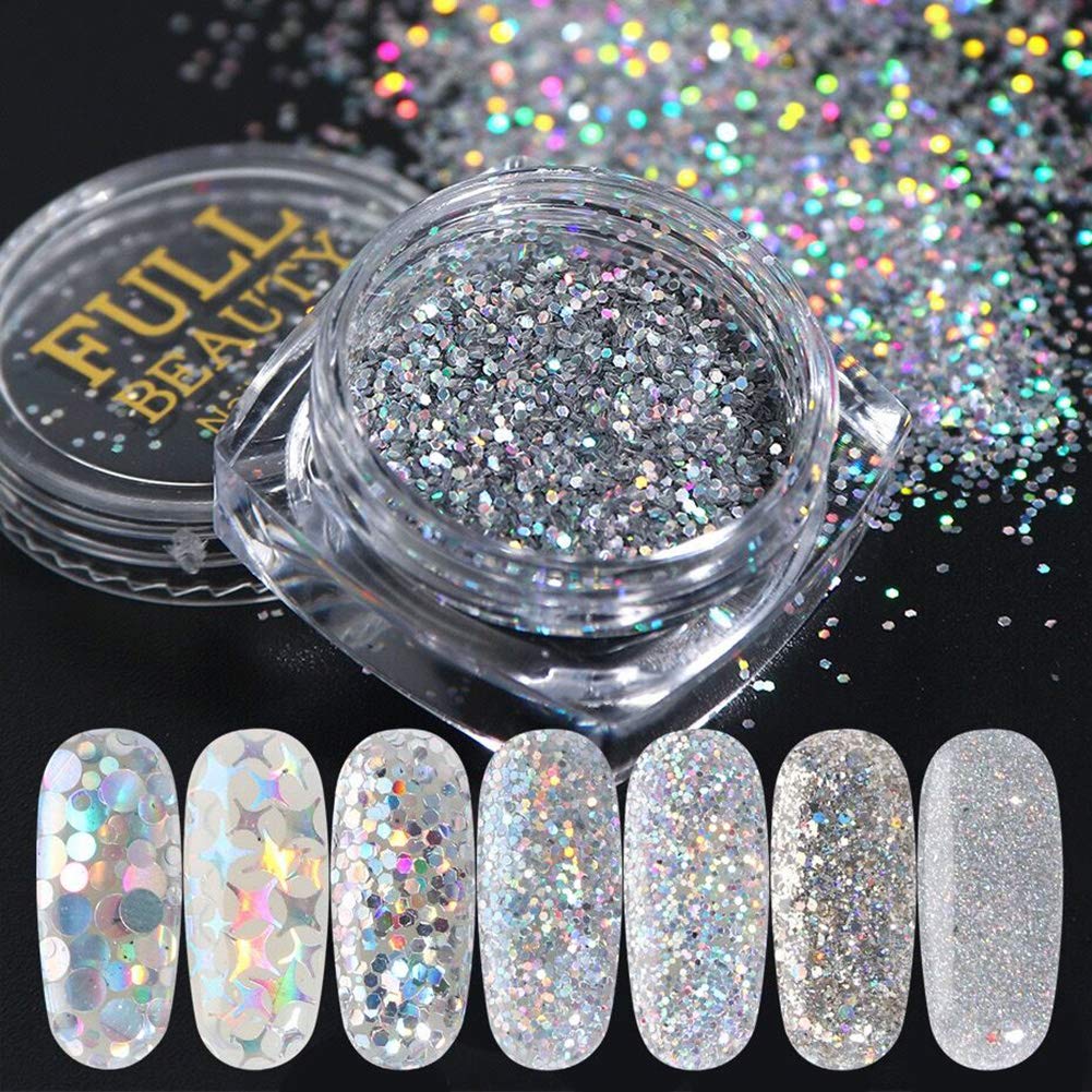 Holographic Nail Art Sequins Glitter Kits, KISSBUTY 8 Boxes Holographic Nails Powder Nail Art Sequins Metallic Shining Flakes Silver Nail Glitter Set for Nails Art Decoration Holographic Manicure: Beauty