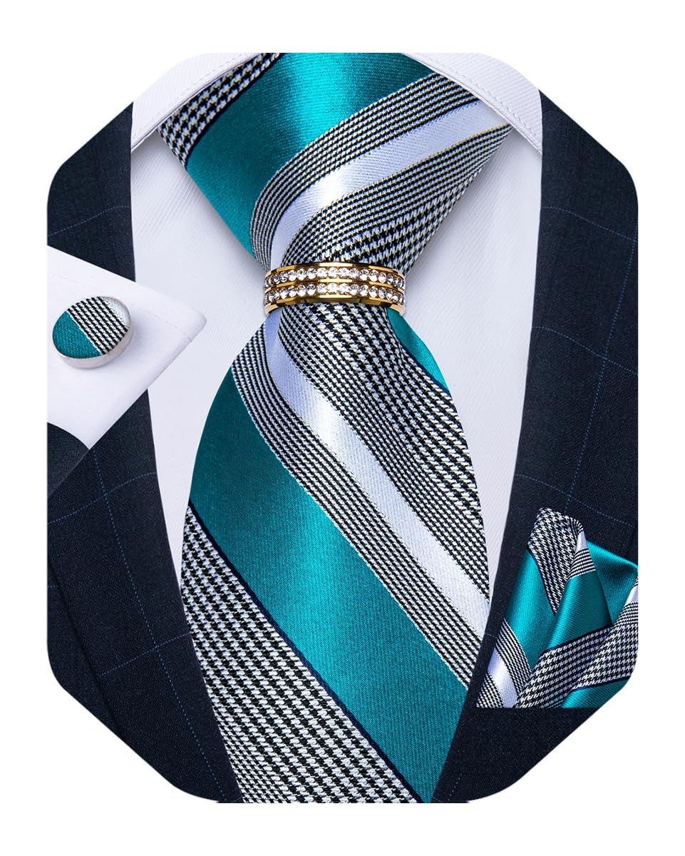 DiBanGu Mens Formal Solid Tie and Gold Tie Ring Set Silk Pocket Square Cufflinks with Gift Box, 10 Grey Teal, One size