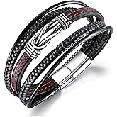 Kim Carrey Italian Handmade Genuine Leather Bracelets for Men Stainless Steel Clip, Men's Casual Genuine Multi-layer Cuff Bracelet, Bracelet Gift for Real Men