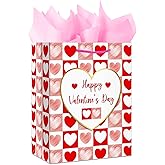 HEYINSHEN Large Valentine’s Day Gift Bag with Tissue Paper - 13” Heart Pattern Paper Gift Bag with Handles for Valentine's Day Happy Valentines Day Goodie Bags for Her, Him, Girlfriend Party Supplies