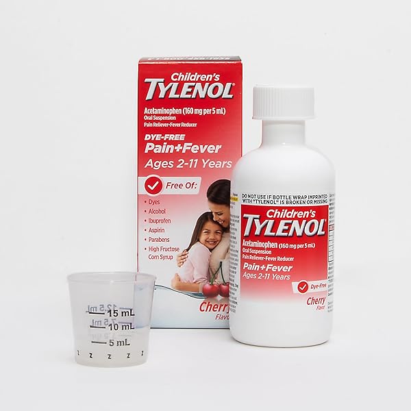 CHILDREN’S TYLENOL LIQUID PAIN RELIEF & FEVER MEDICINE, ORAL SUSPENSION, DYE-FREE, ACETAMINOPHEN, NO ASPIRIN, NO IBUPROFEN, NO HIGH FRUCTOSE CORN SYRUP; CHERRY FLAVOR, 8 FL. OZ.; PACK OF 1