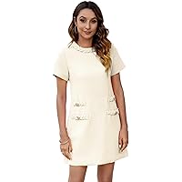 NaRHbrg Women's Elegant Tweed Mini Dress Short Sleeve Button Down A-Line Flared  Dresses for Work Party Black at Amazon Women's Clothing store