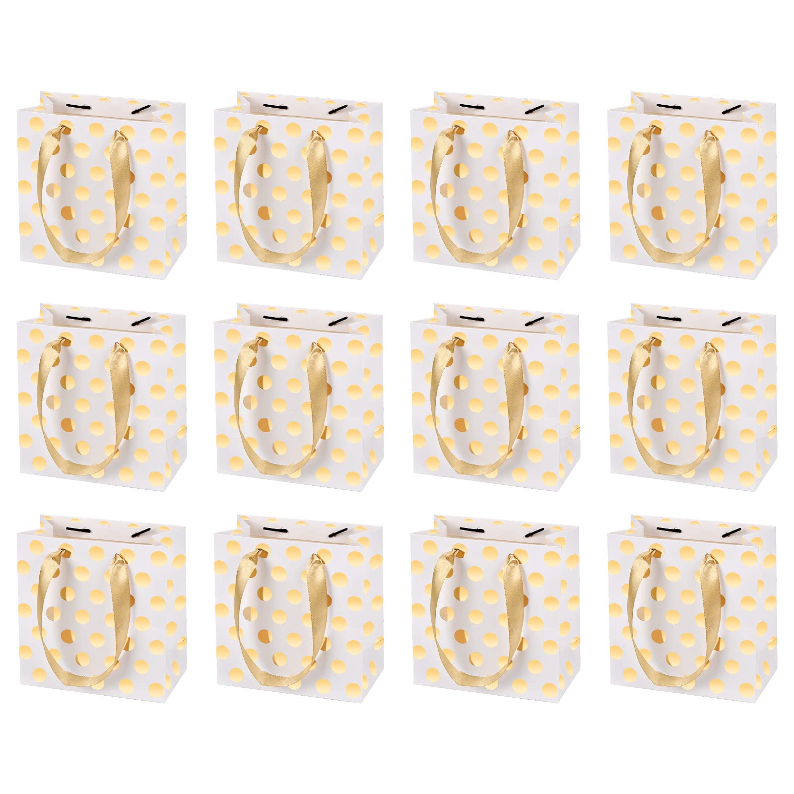 Jinlaili 12 Pcs Small Gift Bags, 14 x 15 x 7cm, Paper Party Favor Bags With Foiled Design for Girls, Wedding, Birthday (Gold)