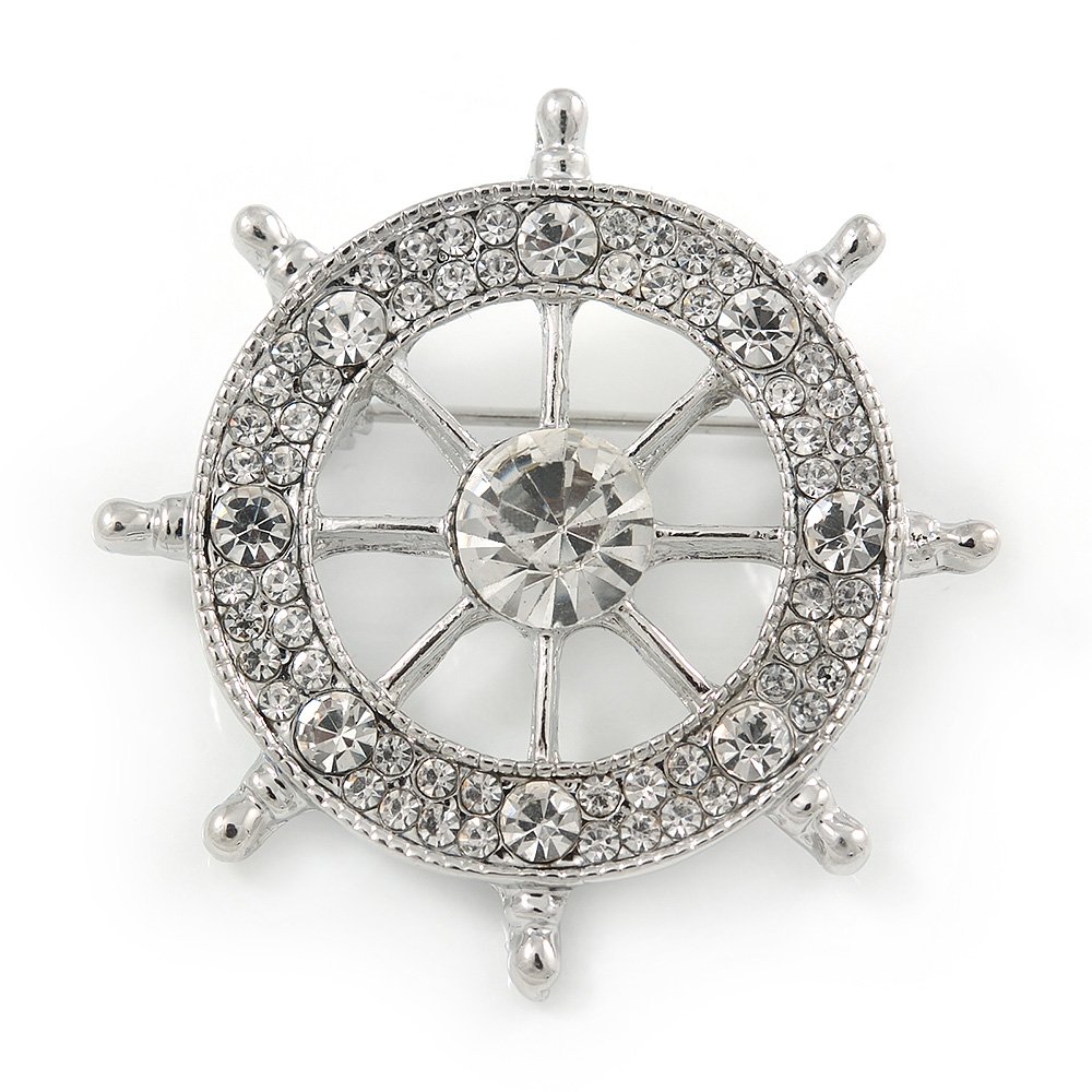 Silver Plated Clear Crystal Ship's Steering Wheel Brooch - 35mm D