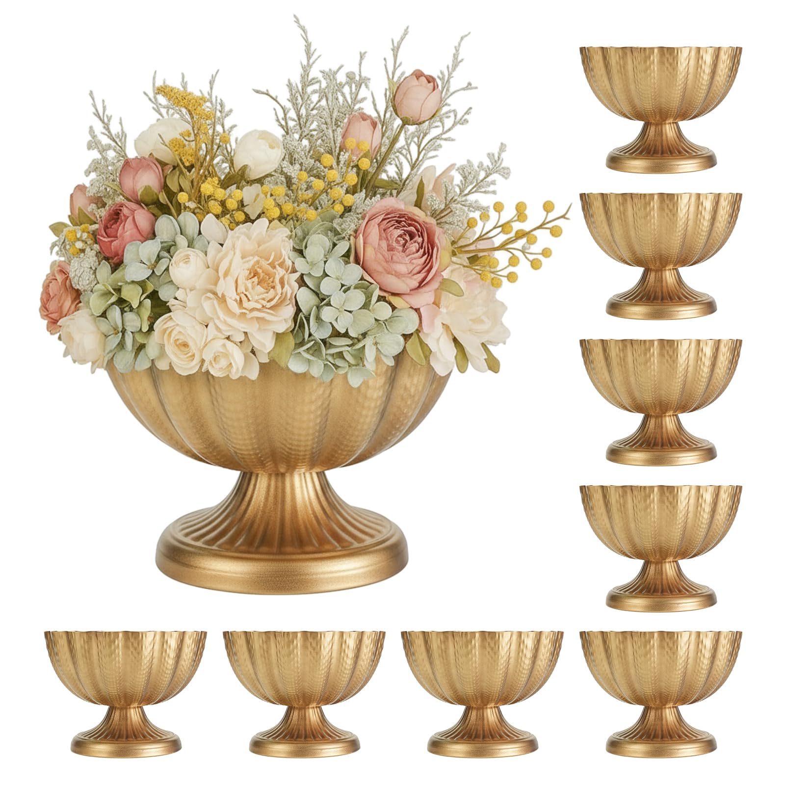 Photo 1 of Set of 8 Distressed Gold Compote Vases 9" Wide X 6.5" High, Large Metal Pedestal Flower Centerpiece Bowls, Brass Compotes Floral Vase Table Accent Decor for Wedding Events Parties Home Decor