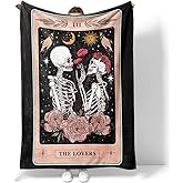 Skull Rose Tarot Throw Blanket for Adults - Soft Flannel Bed Couch Blanket with Gothic Flower Design for Women Men, Cozy Living Room Decor Gift for Lovers