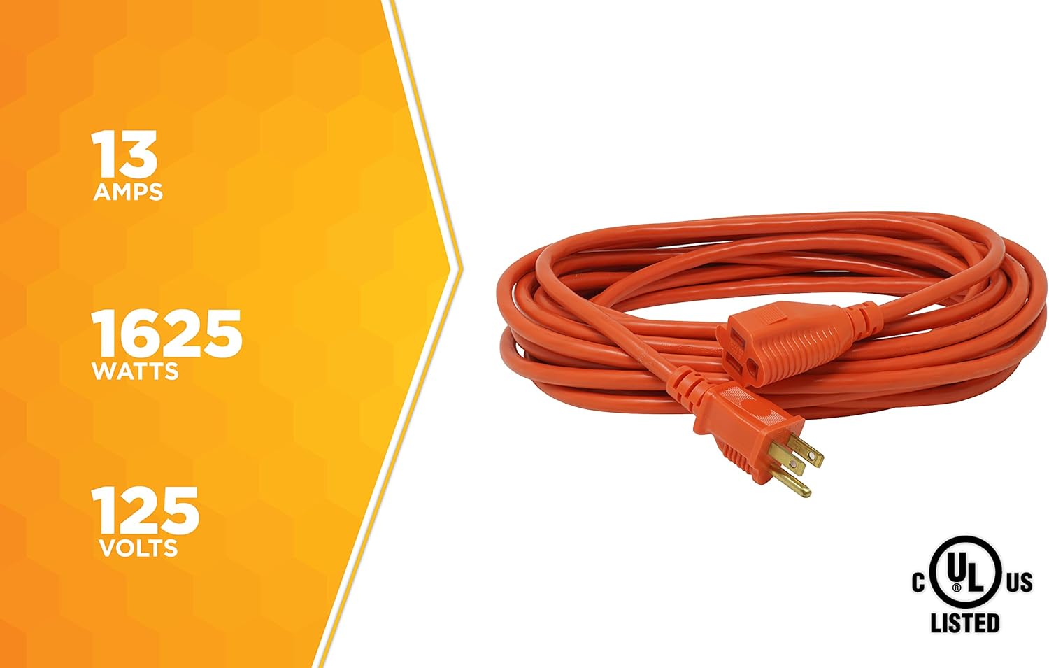 Woods 267 16/3 Outdoor Heavy Duty, Waterproof Flexible Vinyl Jacket, 3-Pronged, 25-Foot Extension Cord, 13 AMP, 1625 Watts, 125 Volts, Ideal For Use With Shop Vac, Weed Wacker, Bush, Orange - - 