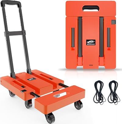 SOLEJAZZ Folding Hand Truck 500 lb 6 Wheels 2 Bungee Orange Portable Dolly