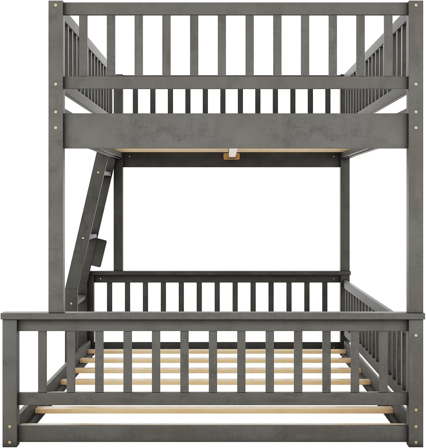 Detailed dimensions diagram of the DNYN Full XL Over Queen Bunk Bed.