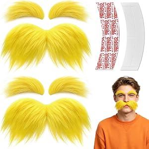 2 Pack Yellow Mustache and Eyebrows Set | Self-adhesive yellow mustache and eyebrows for Halloween, cosplay, party favors