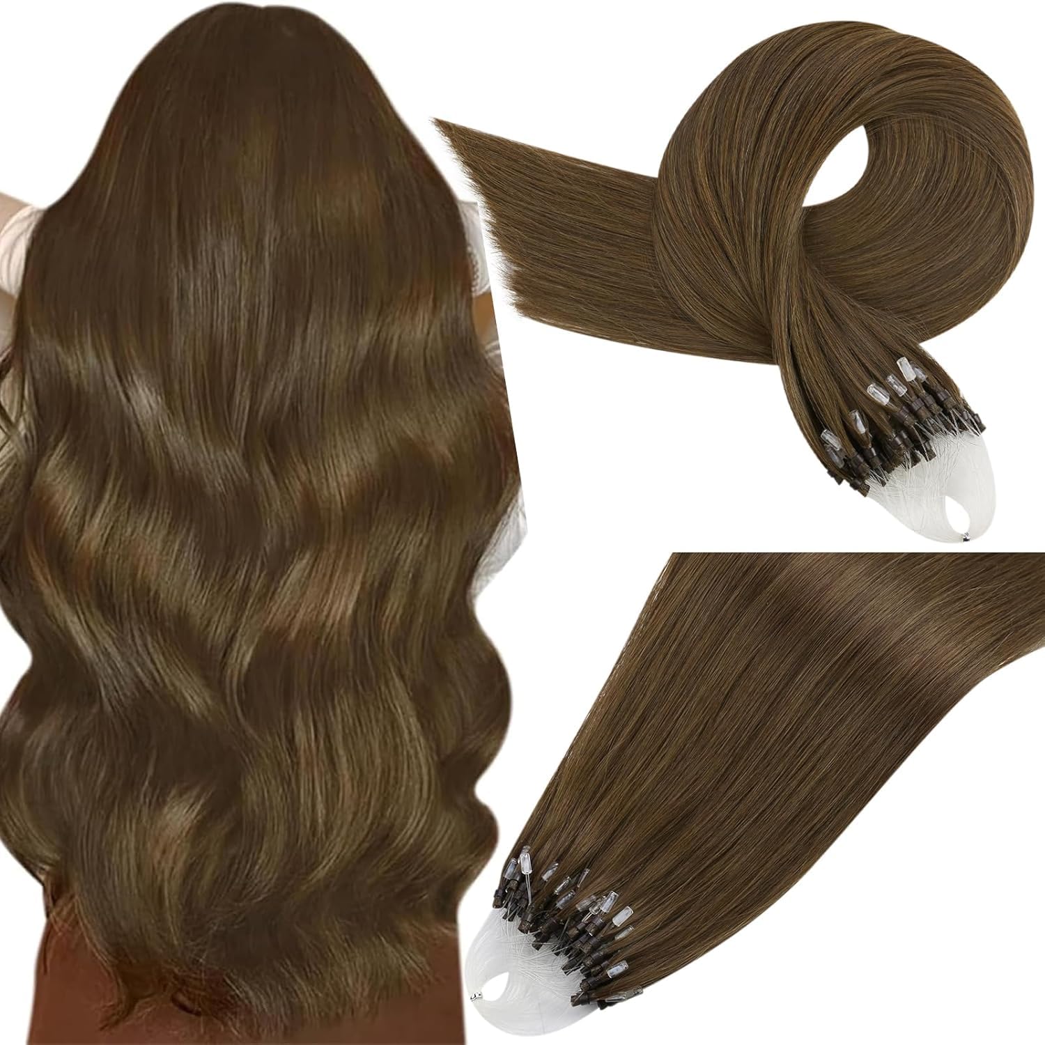 Easyouth Brown Micro Loop Hair Extensions Real Human Hair Medium Brown Pre Bonded Micro Human Hair Extensions Brown Micro Beads Hair Extensions Real Hair 16 Inch 50g/50s