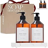FINESSY Amber Hand Dish Soap Dispenser for Kitchen Countertop and Bathroom with Tray Set for Refillable Liquid Detergent Dishwasher and Lotion Bottles, Farmhouse Kitchen Soap Dispenser Set with Pump