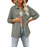 SHEWIN Womens Ribbed Knit Shacket Jacket Casual Long Sleeve Button Down Shirts Loose Sweater Tops Dressy Blouses with Pocket