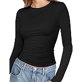 Womens Basic Casual Crop Top Summer Fall White Black Long Sleeves Slim Fit Tees Crew Neck T Shirts Plain Going Out Y2k Plain Cute Tops Tight Fitted Sexy Compression Trendy Clothes Baby Tee Shirts M1