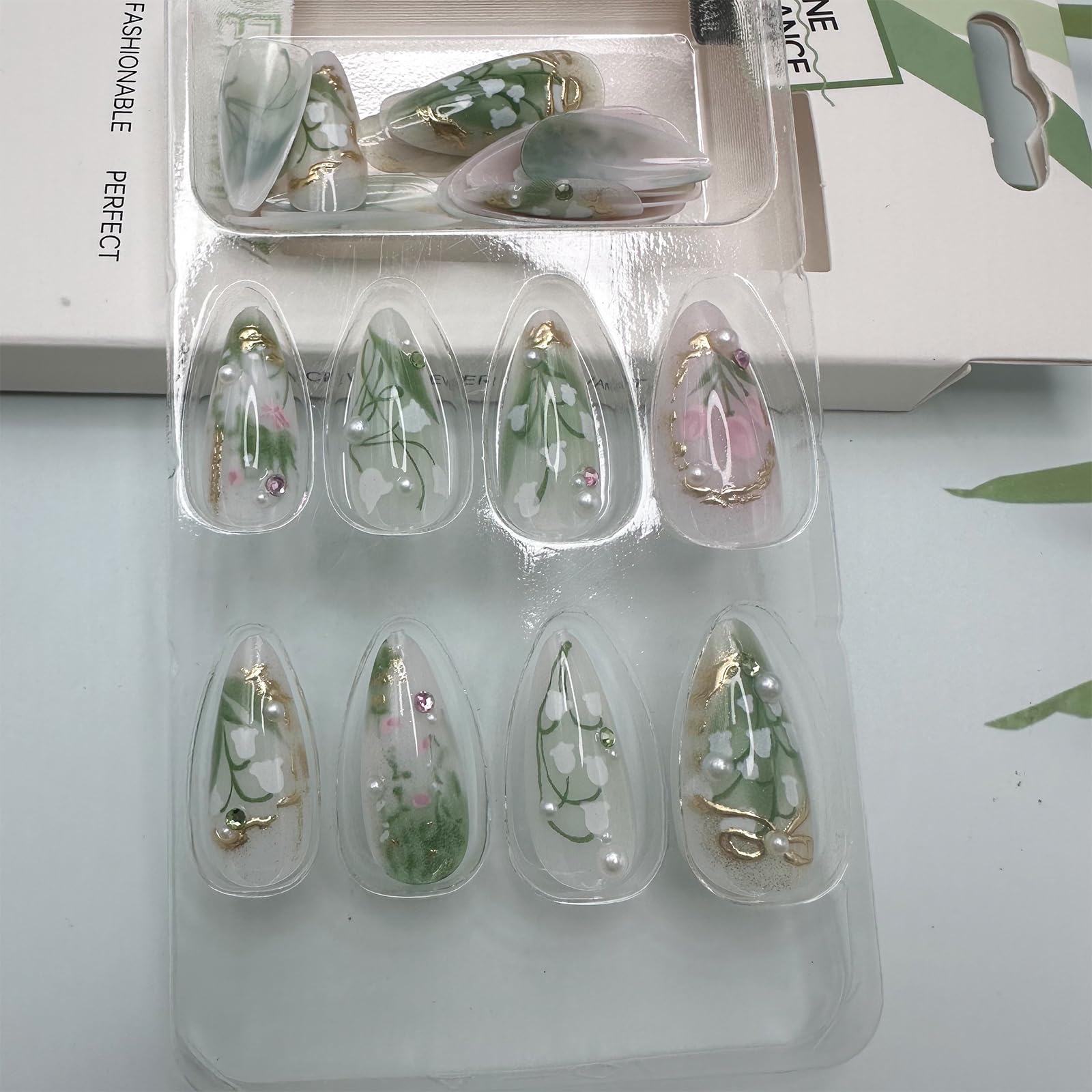 LBPEPAMZ Green Press on Nails Medium Almond Fake Nails with 3D Pearl Rhinestones Designs Gold French Tips Flower Acrylic Nails False Nails White Floral Full Cover Glossy Stick on Nails for Women 24Pcs - Image 6