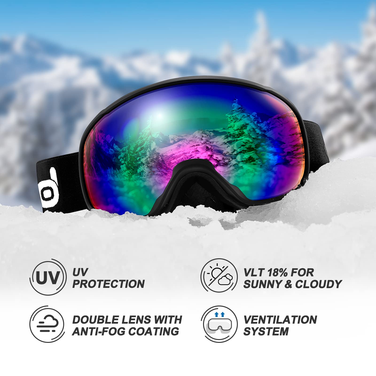 Odoland Skihelm und Skibrille Set Snowboardhelm mit Snowboardbrille für Erwachsene, Schneebrille UV 400 Schutz Windwiderstand Snowboard Brille zum Skifahren Bergsteigen Schwarz M 6