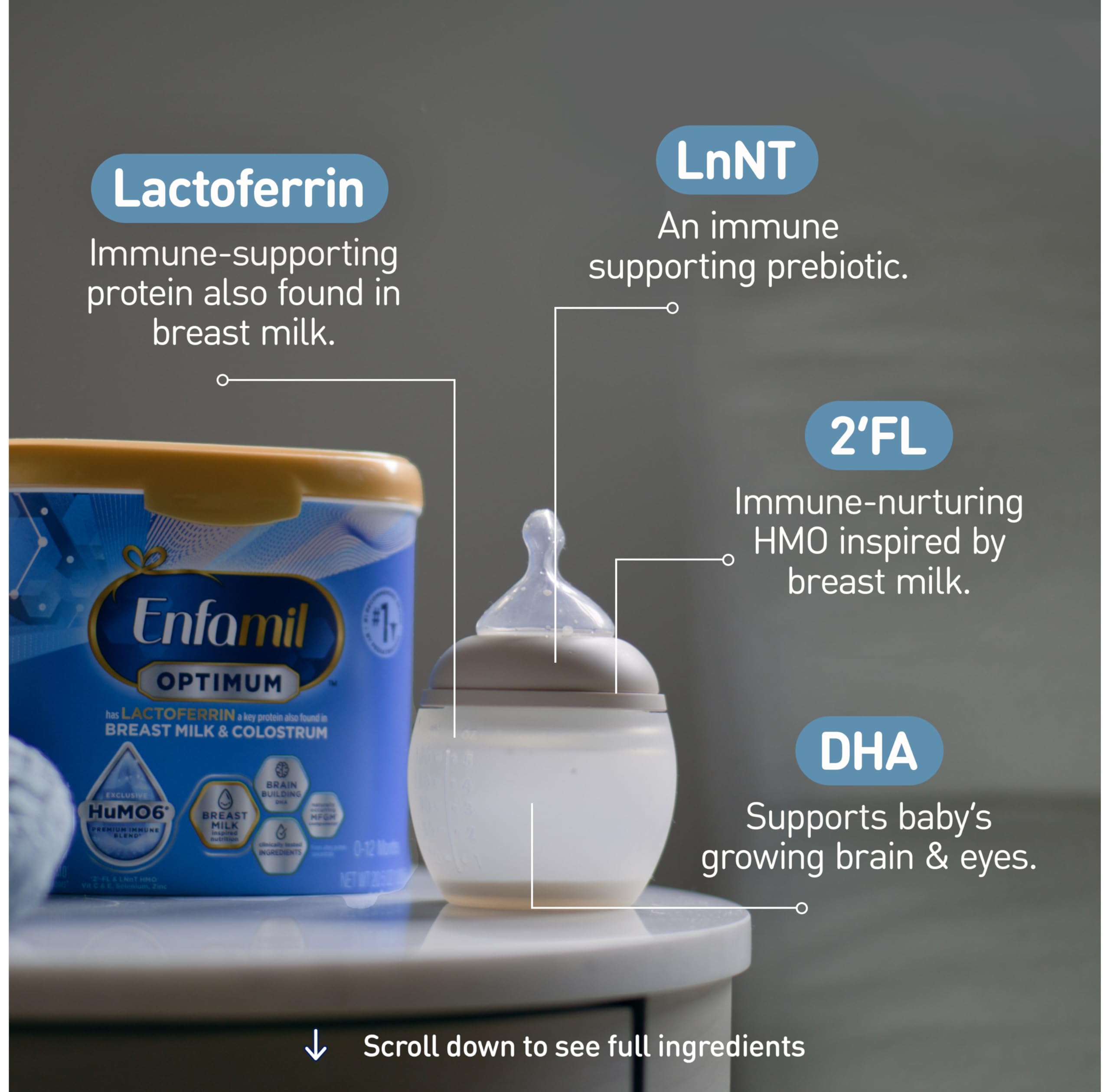 Enfamil Optimum (Enspire), Our Closest Formula to Breast Milk, Immune-Supporting Lactoferrin and Brain-Supporting DHA Baby Formula, Powder 20.5 Oz Tub