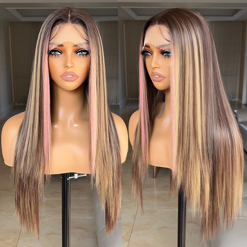 Photo 1 of FABÉLLE Pink Highlight Wig Lace Front Wigs Glueless Wig Long Straight Wigs for Women Pre Plucked with Baby Hair 26 Inch Pink Color Forehead Synthetic Lace Front Wig