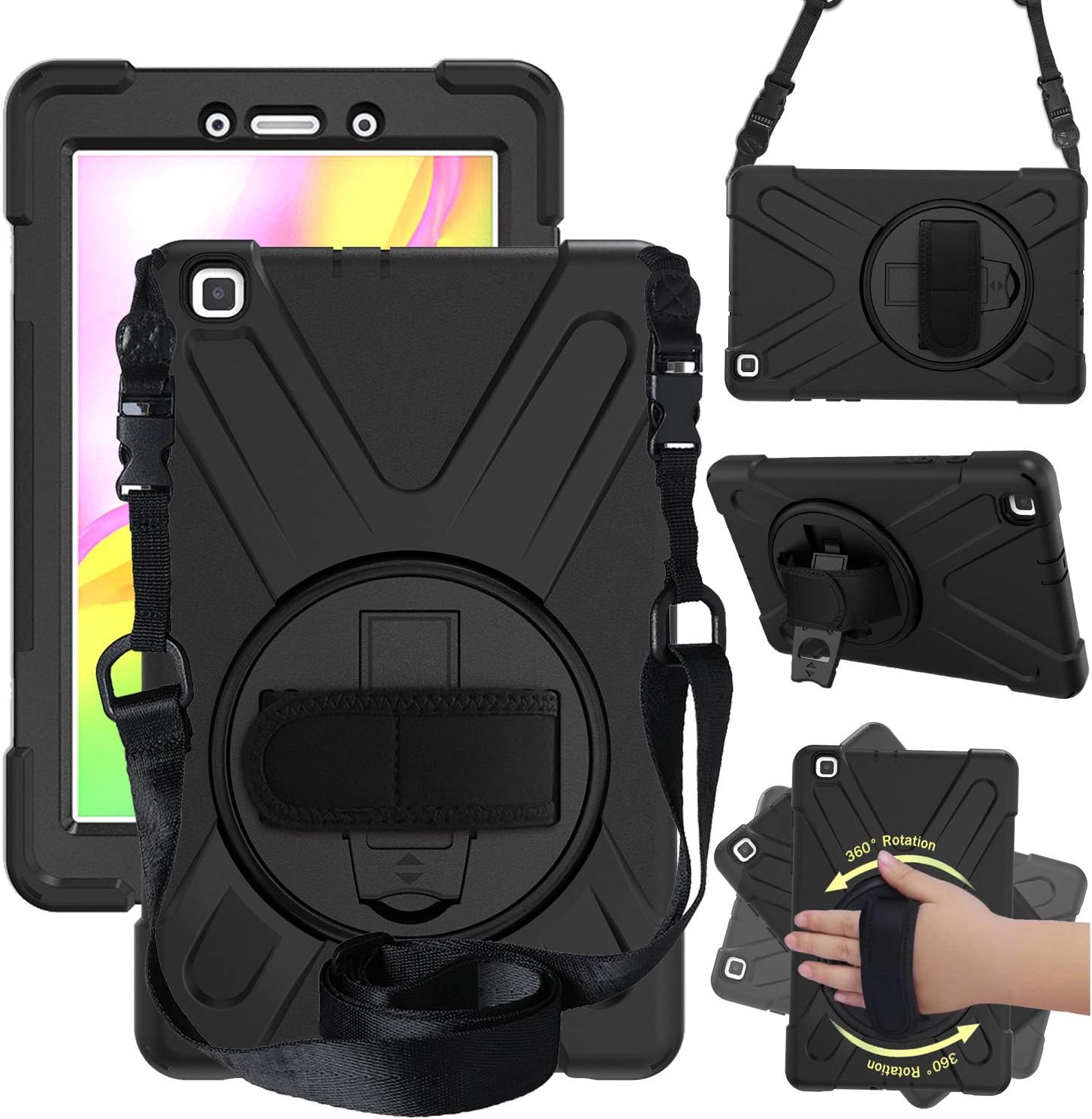 Galaxy Tab A 8.0 2019 Case (SM-T290/SM-T295), Heavy Duty Shockproof Protective Case with 360 Rotating Kickstand, Hand Strap/Shoulder Strap for Samsung Galaxy Tab A 8.0 2019 Without S Pen (Black)