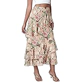 DERAX Women's Floral Boho Midi Skirt A Line Tiered Ruffle Chiffon High Waist 2026 Spring Summer Long Skirts