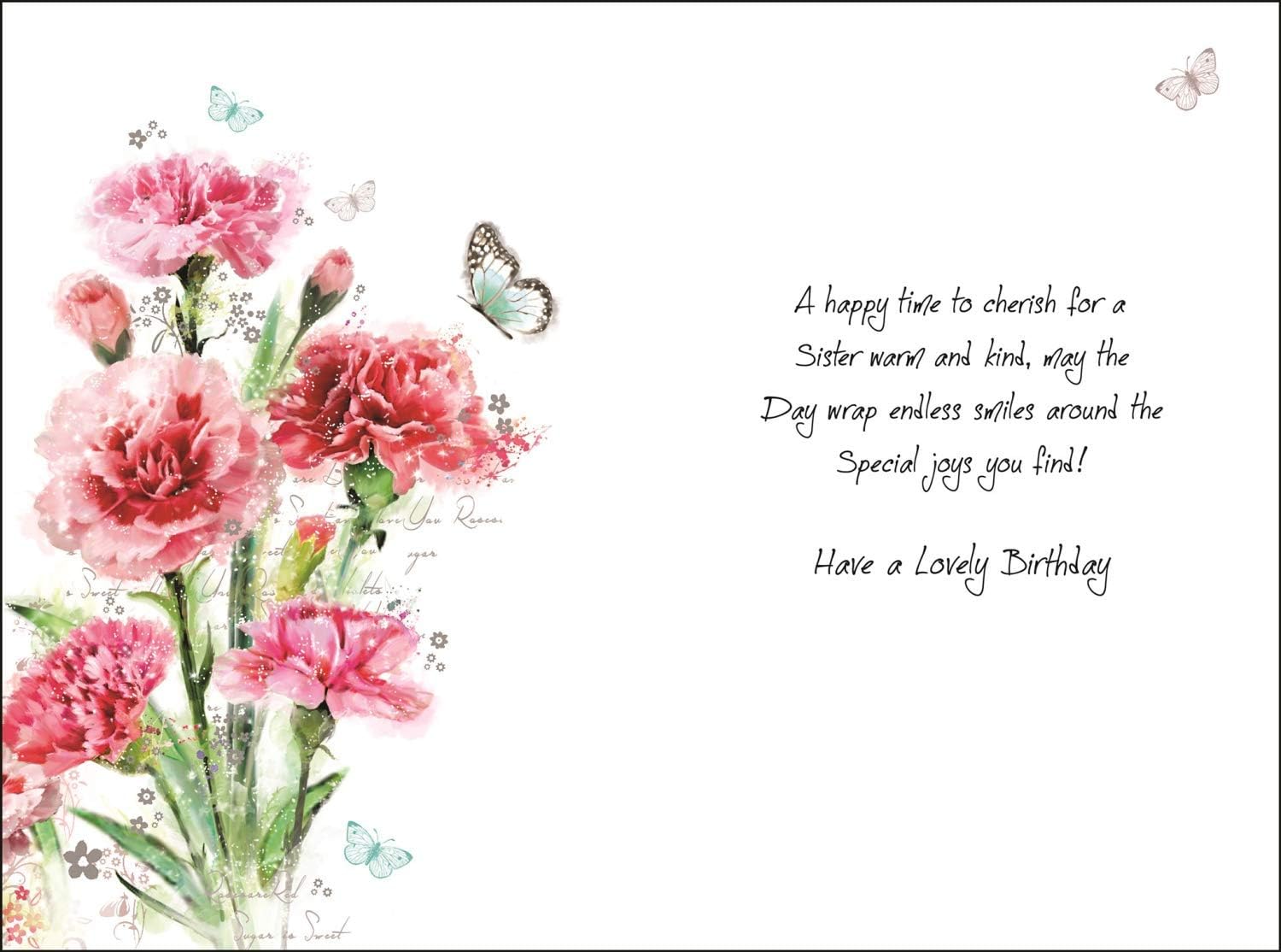 Artistic Special Sister Birthday Card (JJ-SG13), Pink Carnations and Butterflies, Stunning Foil, Flitter and Embossed Finish - Image 3