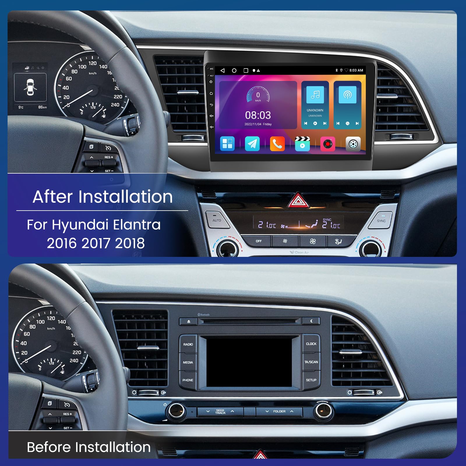 Android 15 Car Radio Stereo for Hyundai Elantra 2016-2018, Wireless Carplay Android Auto, 9 Inch Touch Screen Car Radio Bluetooth 5G WiFi GPS SWC FM DSP, 2G+32G CarPlay Head Unit+Free Cam