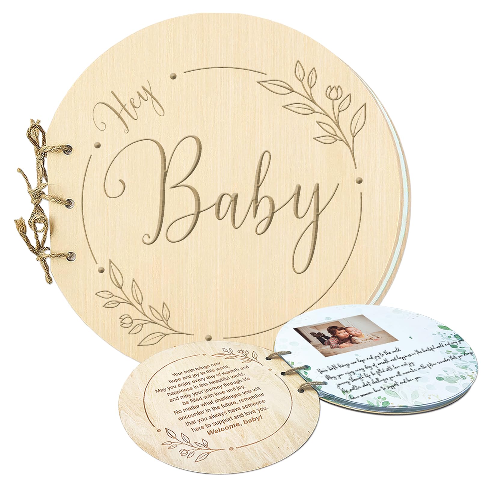 Baby Shower Guest Book Alternatives Girl Boy, 80 Pages Hey Baby Shower Sign in Guest Book with Watercolor Design, Wood Keepsake Gift for New Parents