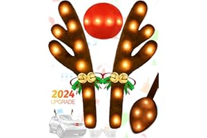 DERGO Christmas Reindeer Antlers Car Decoration Kit, Waterproof LED Lights Nose Vehicle with Jingle Bells Rudolph, Auto Holiday Accessories for SUV Van Truck Decor Warm White