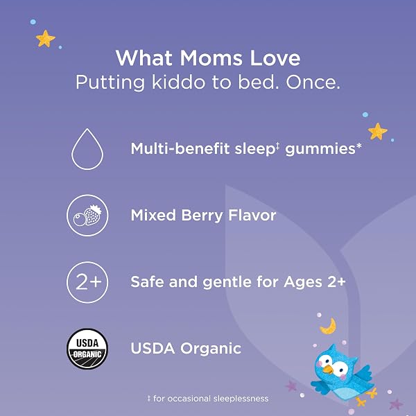HYLAND’S KIDS MELATONIN FREE ORGANIC SLEEP AID GUMMIES WITH CALM & IMMUNE SUPPORT – WITH VITAMIN C, ZINC, ELDERBERRY, LEMON BALM & CHAMOMILE, HELPS WITH SLEEPLESSNESS & RESTLESSNESS, 60 VEGAN GUMMIES