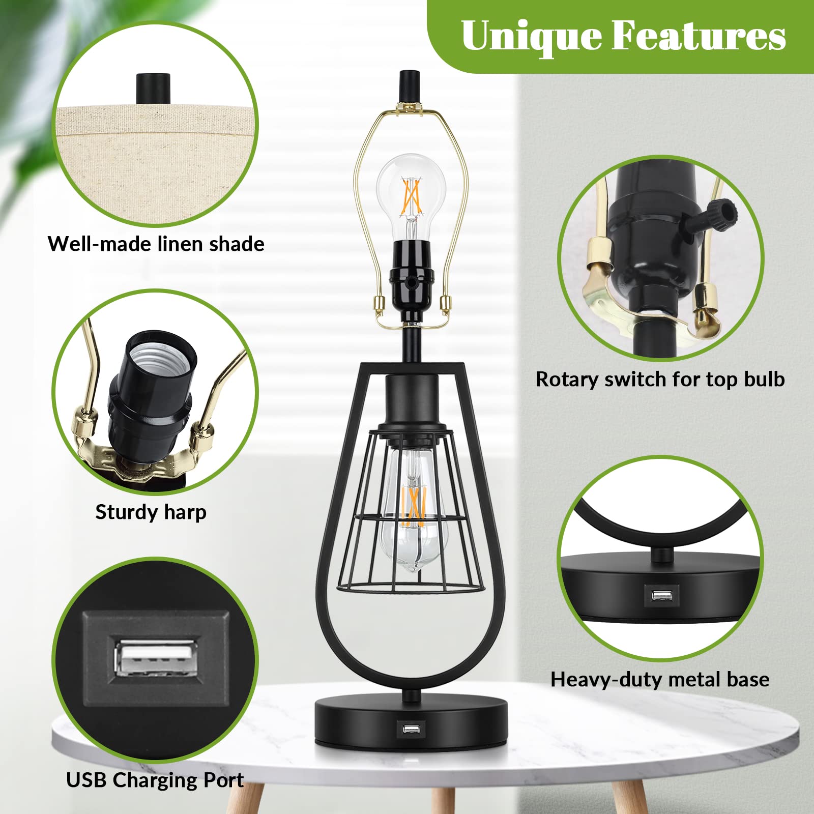 VerRon Industrial Touch Table Lamps with USB Port, 3-Way Dimmable Farmhouse Bedside Nightstand 2-Lights Lamps for Bedroom Living Room Reading, Cream Fabric, Black Metal Base, Bulbs Included