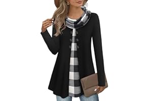 Bebonnie Womens Long Sleeve Cowl Neck Warm Splicing Tunic Tops with Buttons