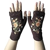 QINMAO womfun Hand Embroidered Gloves Women's Knitted Gloves Flower Gloves,Embroidered Hand Fingerless Gloves for Women