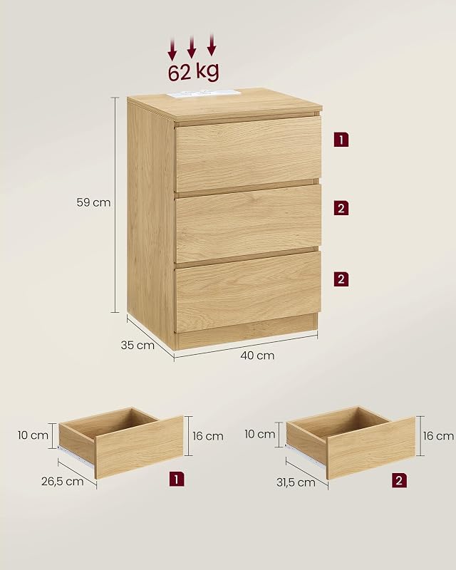 Coleção KAILYN - Mesa de cabeceira com estação de carregamento, conjunto de 2, mesa lateral com 3 gavetas, 2 tomadas AC, 2 portas USB, quarto, escritório, amarelo palha LET831Y70