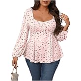 BEAUDRM Women's Plus Size Floral Print Bow Tie T Shirt Square Neck Long Sleeve Peplum Tee Tops