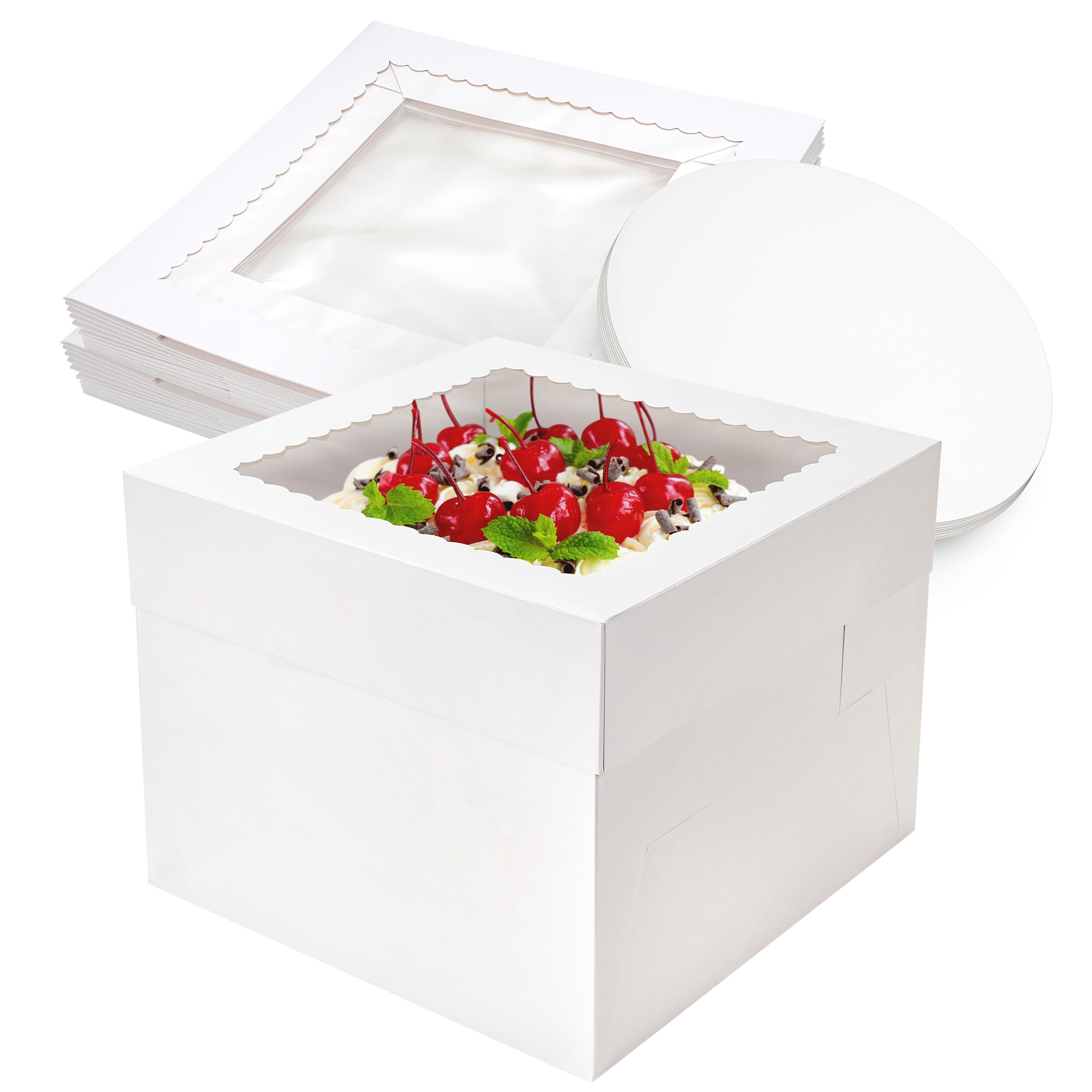 Photo 1 of NPLUX Cake Boxes 10×10×8 inch White Tall Cake Boxes with Window Cajas Para Pasteles for Cakes, Pies, Pastries, Birthday, Party (10 Pack)