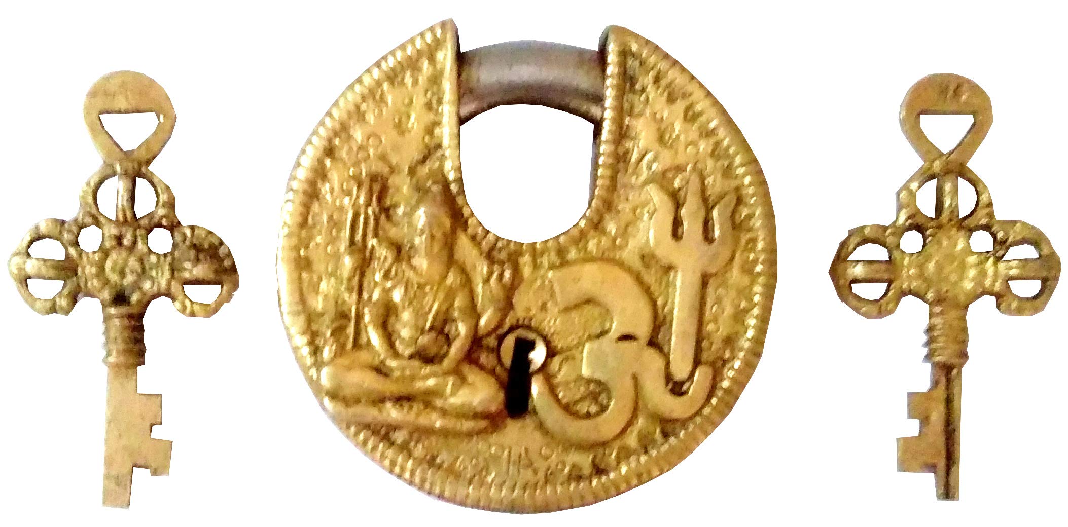 Purpledip Brass Padlock Om Shiva: Round Antique Design; Unique Collectible (11813)