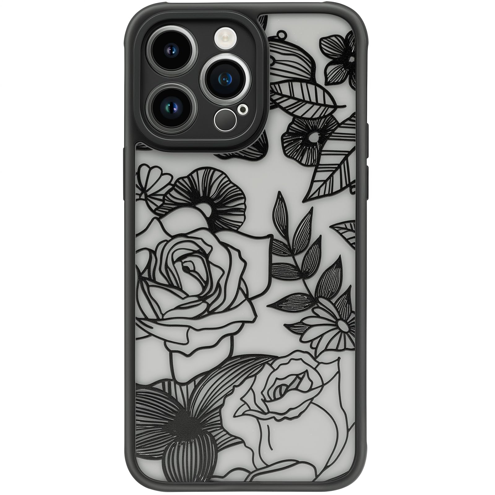 Dumkery Flower Case Compatible with iPhone 14 Pro Max Case, Aesthetic Black Line Art Floral Rose Pattern Print, Slim Fit PC and TPU Full Protection Shockproof Cases Cover Skin for Girls Women