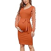 Floral Mesh Bishop Long Sleeve Maternity Midi Dress, Fall Maternity Bodycon Dress for Baby Shower