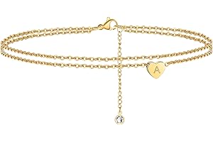 Ursteel Ankle Bracelets for Women, 14K Gold Plated Dainty Layered Heart Initial Anklets for Women Gifts