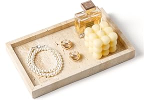 WORHE Italy Travertine Stone Vanity Tray for Jewelry, Perfume, Makeup, Candle,Natural Marble Decorative Trays for Bathroom Dresser Rectangle Kitchen Storage Organizer for Home Decor Beige (WH020)