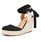 FISACE Womens Summer Espadrille Heel Platform Wedge Sandals Ankle Buckle Strap Closed Toe Shoes